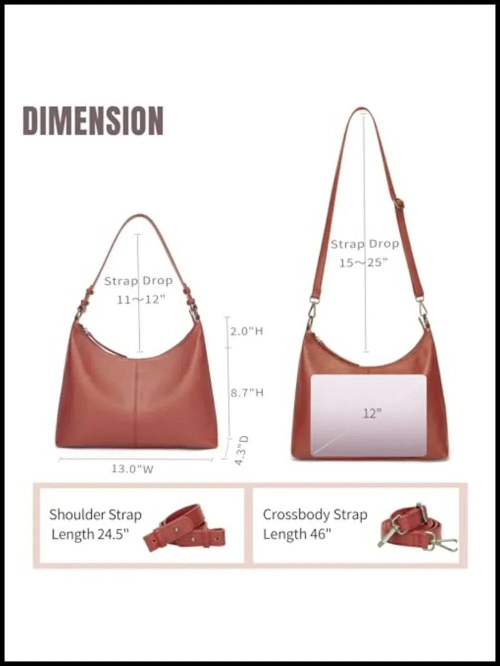 Genuine Leather Hobo Bag with Two Adjustable Straps Work Crossbody Handbag